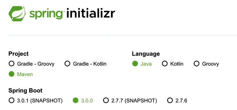 Figure 2.1 – Selecting a build system (Maven), language (Java), and version of Spring Boot
