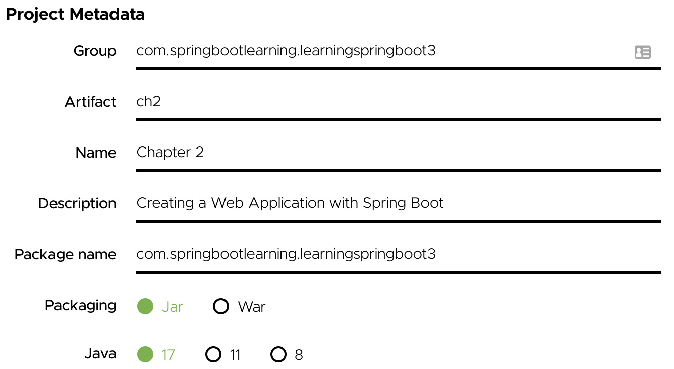 Figure 2.2 – Selecting the project coordinates, packaging (JAR), and version of Java (17)
