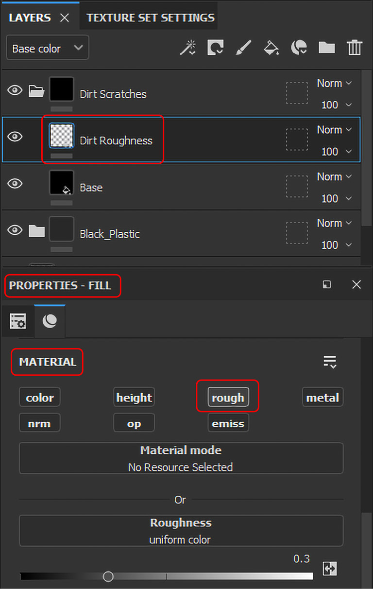 Figure 4.8 – The MATERIAL properties of the Dirt Roughness fill layer
