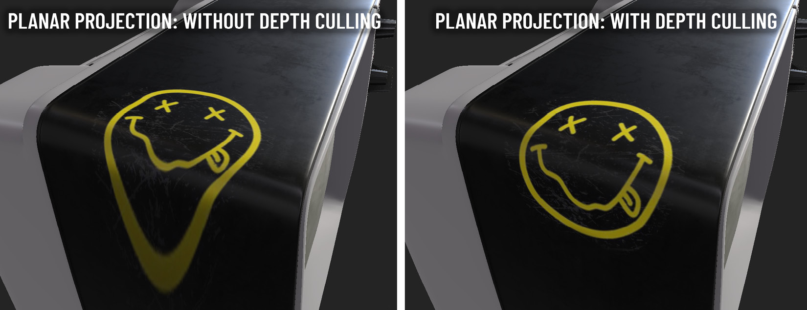 Figure 4.14 – The difference between planar projection with and without the Depth Culling feature
