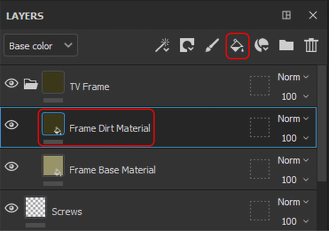 Figure 6.4 – Creating the Frame Dirt Material fill layer
