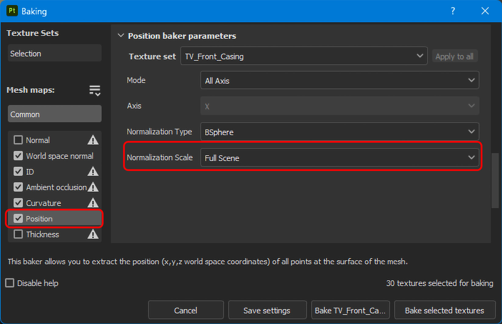 Figure 6.38 – Activating the Position map for baking with a Full Scene normalization scale
