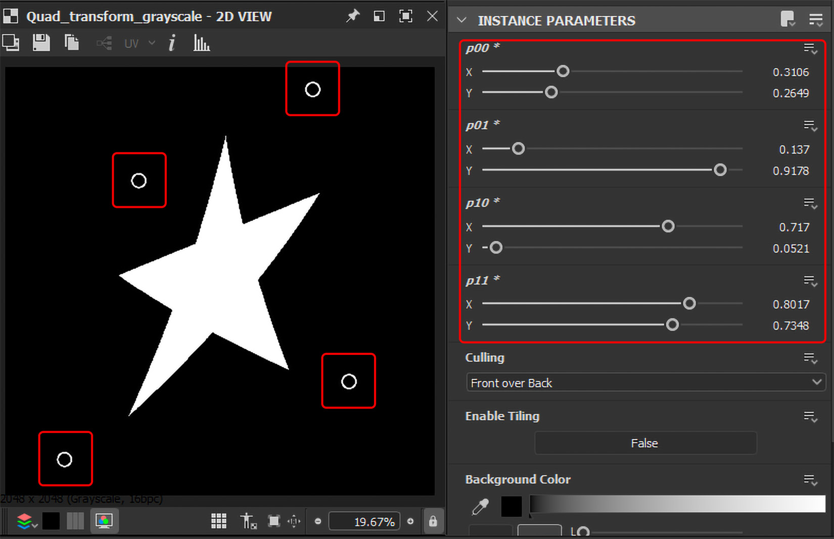 Figure 8.36 – Distorting the star-shaped node using the Quad Transform Grayscale node
