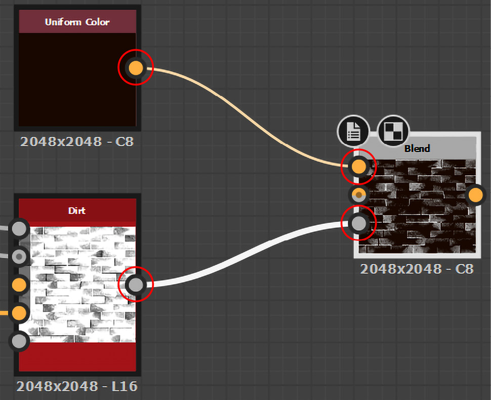 Figure 8.51 – Connecting the Uniform Color and Dirt nodes to the Blend node
