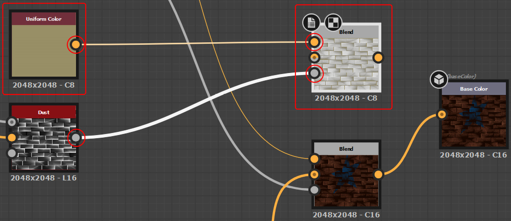 Figure 8.56 – Connecting the new sandy Uniform Color node and the Dust node to the new Blend node
