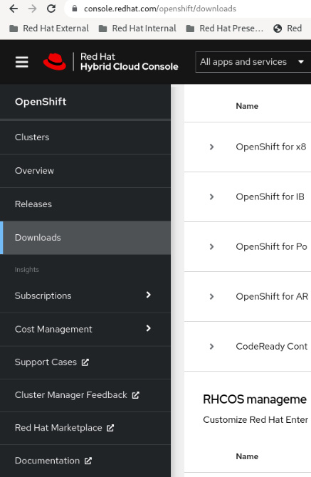 Figure 5.3 – Pull secret, Downloads menu
