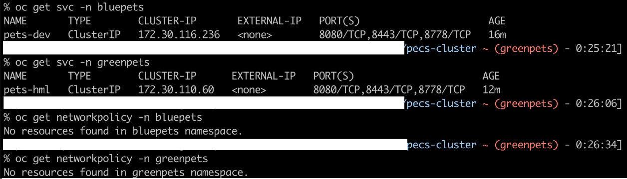 Figure 7.6 – Service IPs – bluepets and greenpets namespaces
