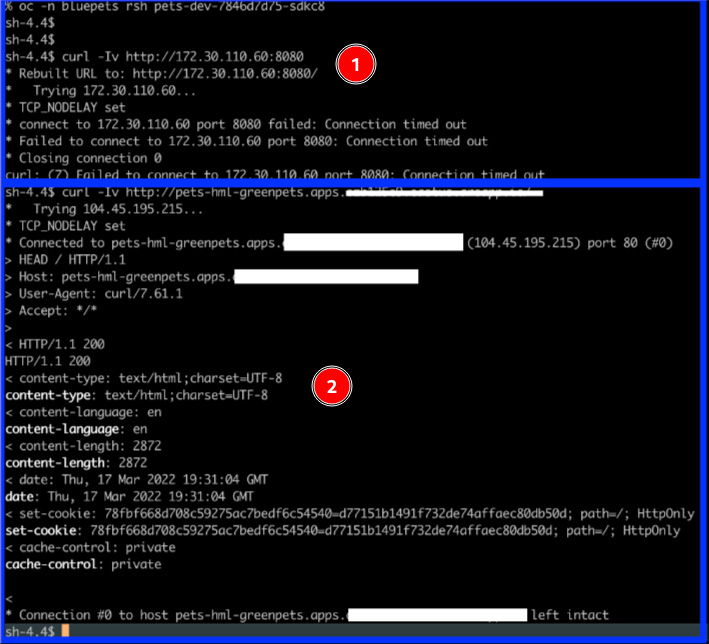 Figure 7.11 – Testing network traffic. 1) From bluepets namespace to greenpets namespace: Connection denied. 2) From external route (ingress) to greenpets namespace: Connection allowed.
