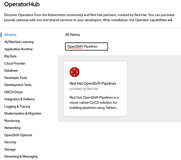 Figure 9.3 – Red Hat OpenShift Pipelines on OperatorHub
