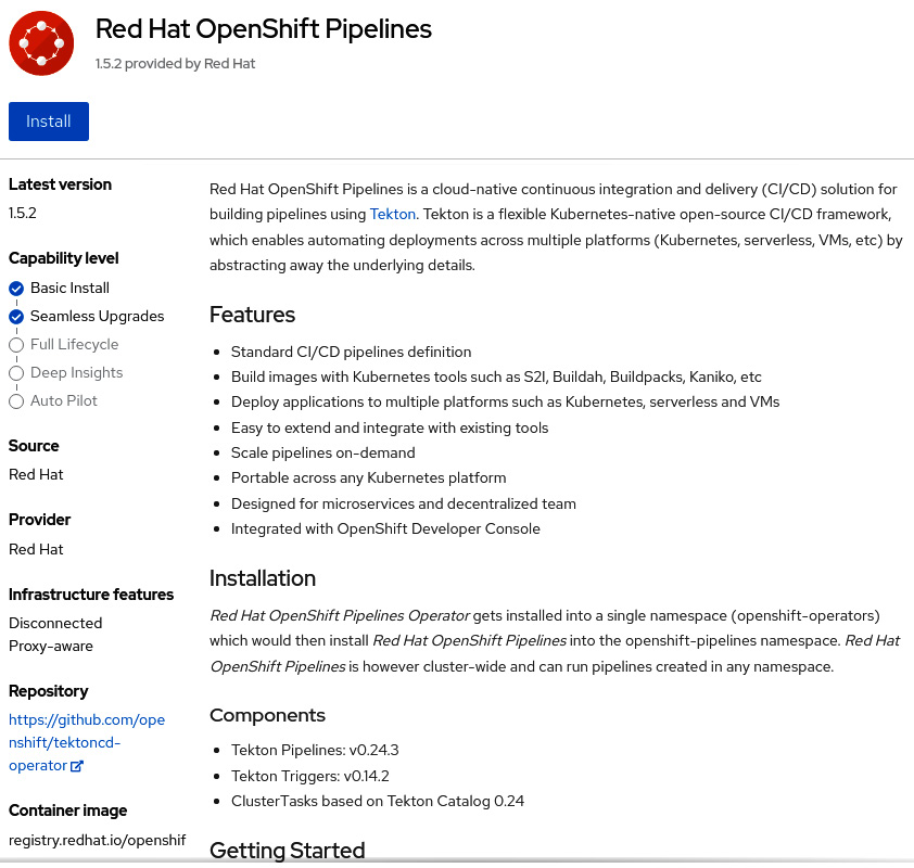 Figure 9.4 – Installing OpenShift Pipelines
