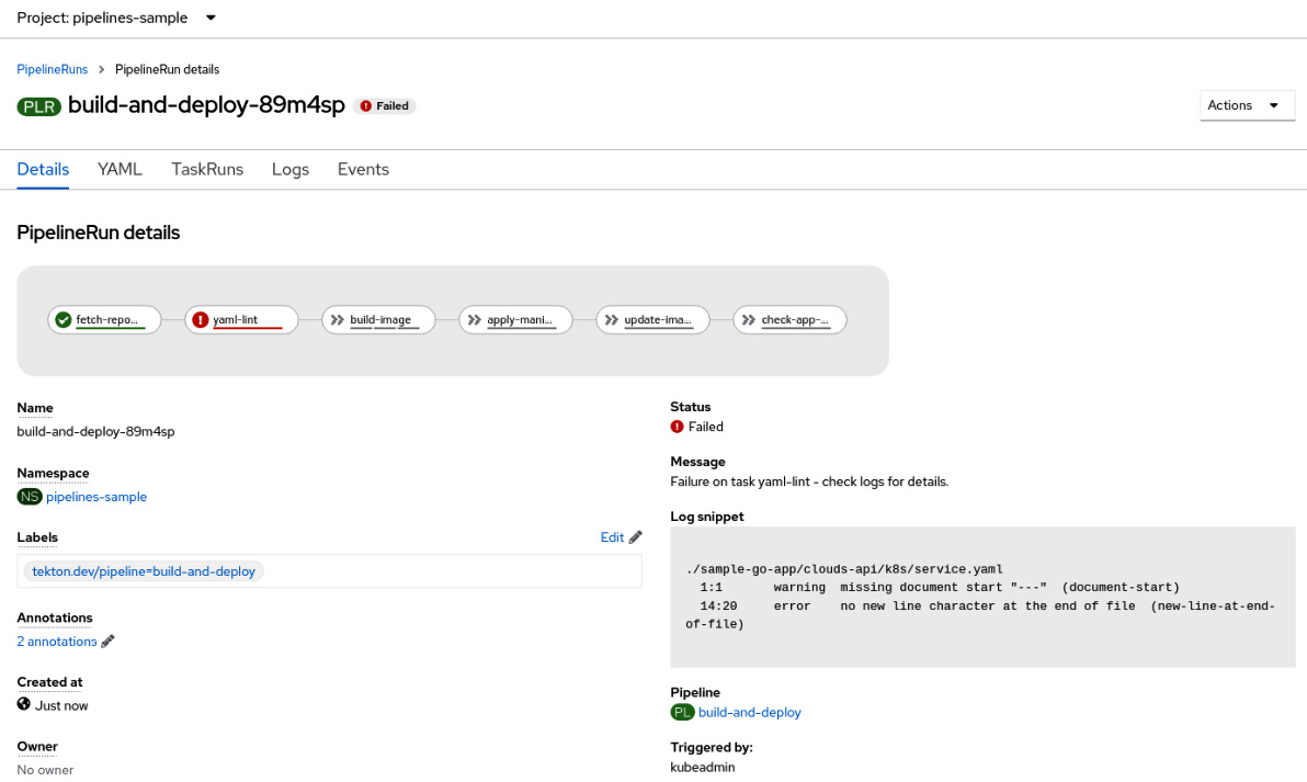 Figure 9.27 – PipelineRun failed due to YAML linter validations
