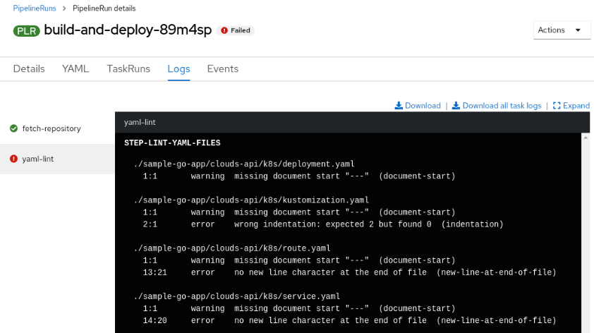 Figure 9.28 – PipelineRun failed due to YAML linter validations
