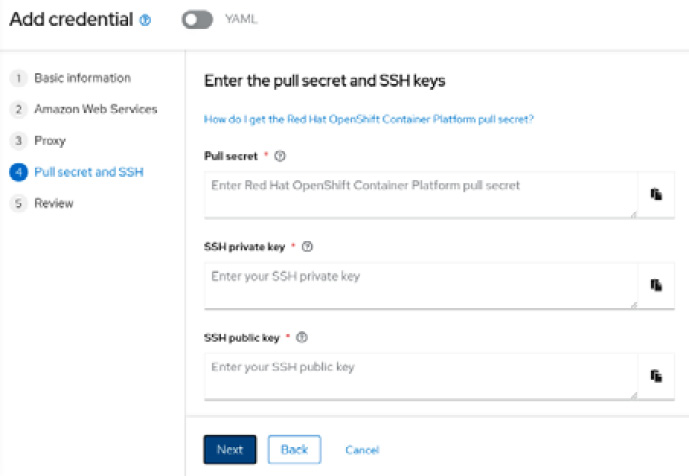 Figure 11.19 – Inputting the pull secret and SSH keys
