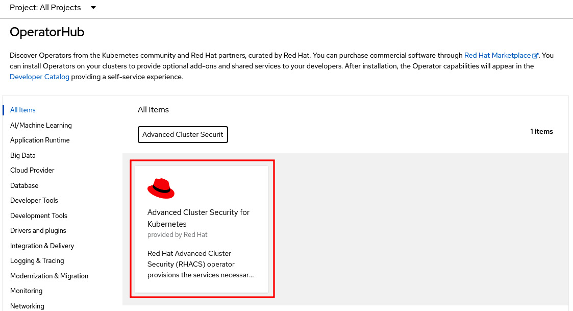 Figure 12.2 – Advanced Cluster Security for Kubernetes on OperatorHub
