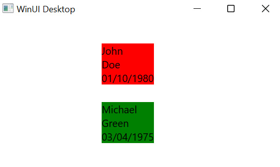 Figure 3.3 – DataTemplate using a function with multiple parameters to apply a different background color
