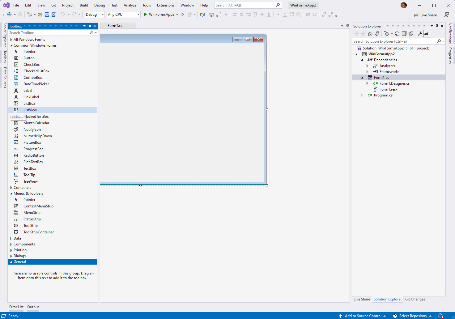  Figure 1.2 – The Windows Forms designer in Visual Studio
