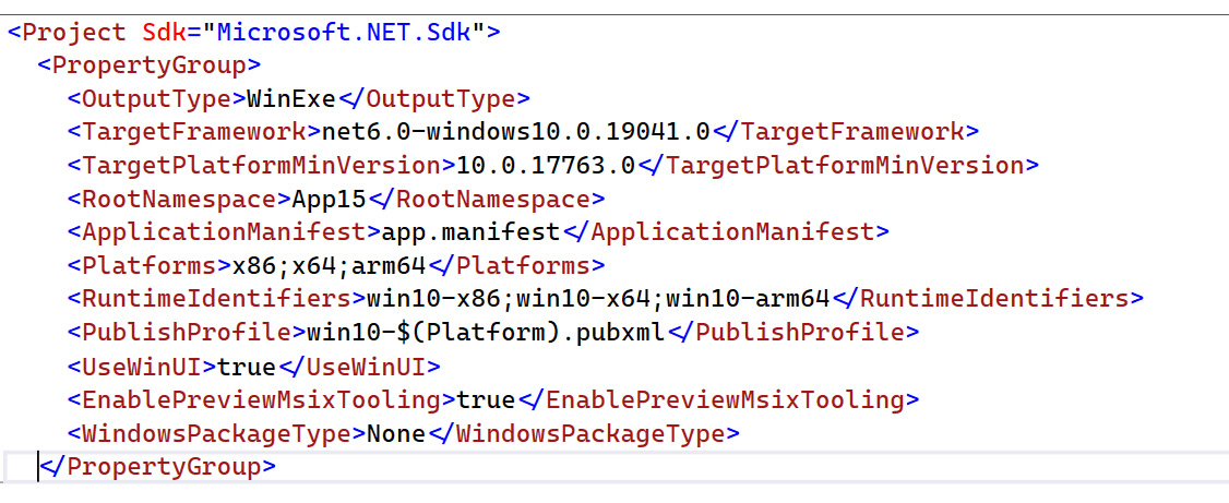 Figure 1.8 – A WinUI project configured to support the unpackaged model
