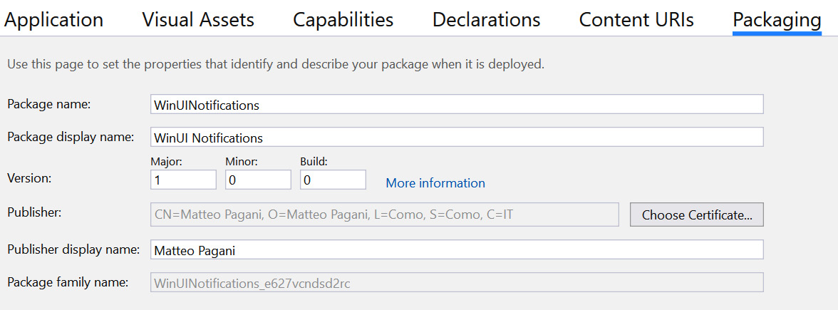 Figure 11.1 – The Packaging section of the manifest editor in Visual Studio
