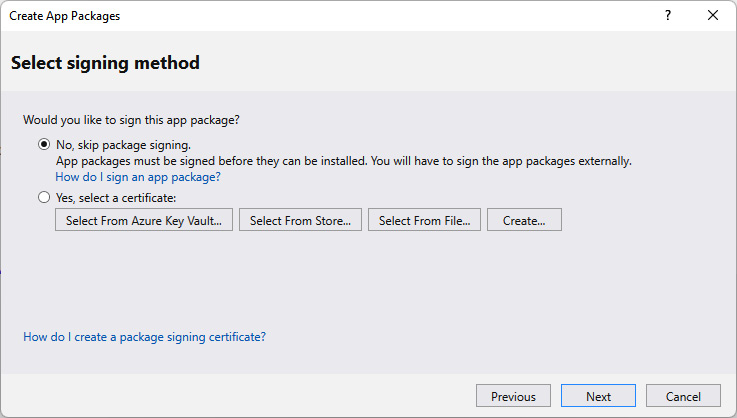 Figure 11.2 – The available signing options during the MSIX generation
