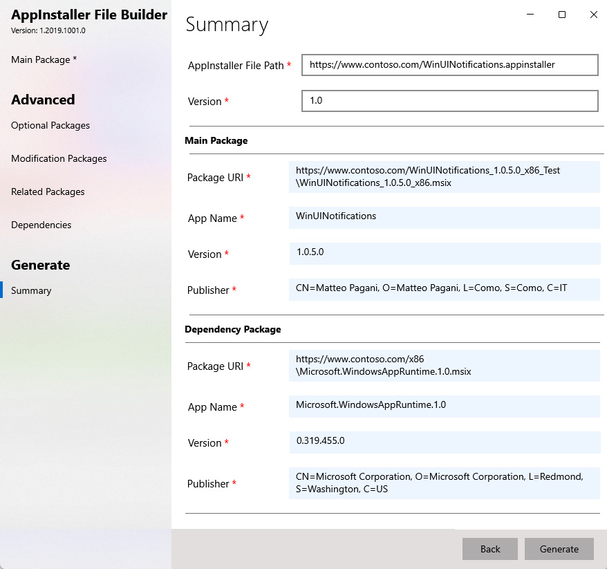 Figure 11.12 – The summary page to generate the AppInstaller file
