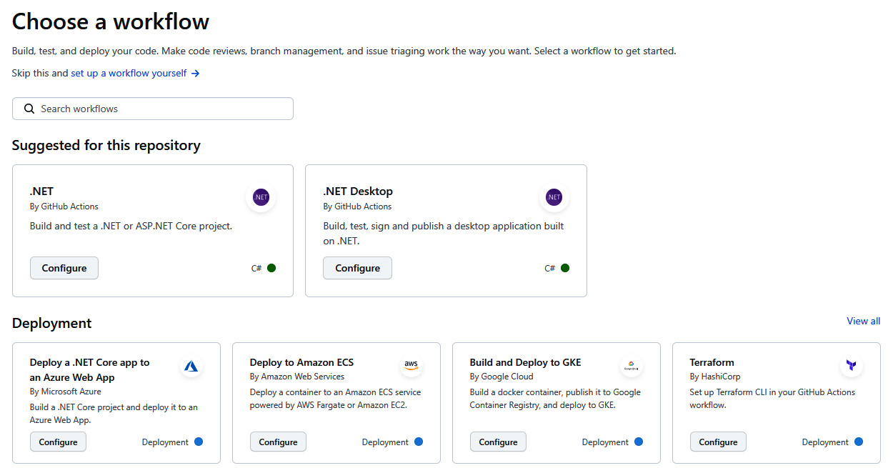 Figure 12.1 – The starting point to create a new workflow in GitHub
