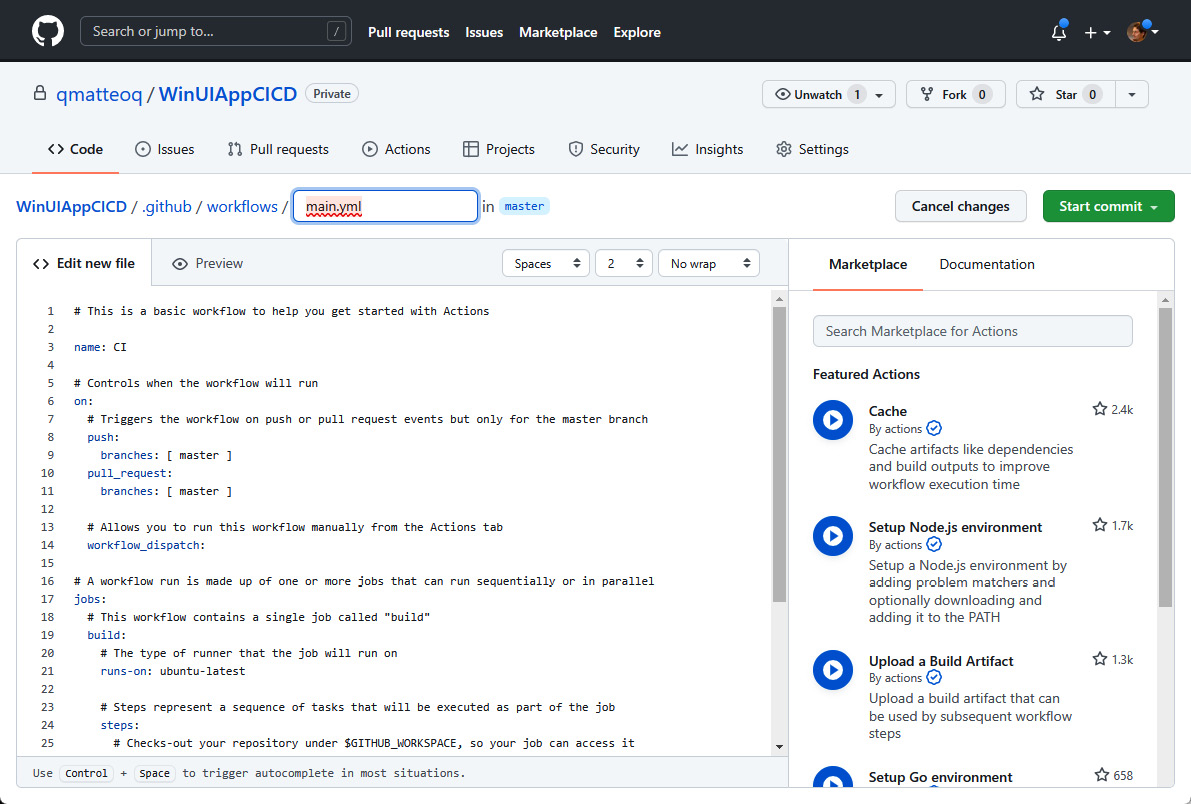 Figure 12.2 – The editor to create a new workflow in GitHub
