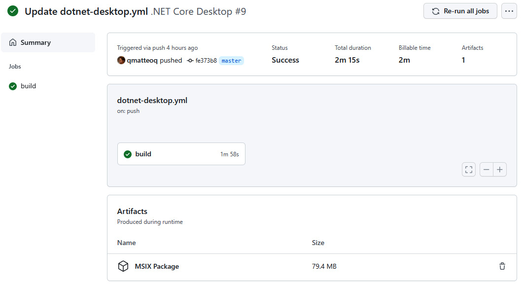 Figure 12.4 – The workflow has been completed successfully, and the MSIX package is available as an artifact
