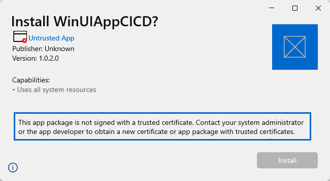 Figure 12.6 – The error displayed by Windows when we try to install an unsigned MSIX package
