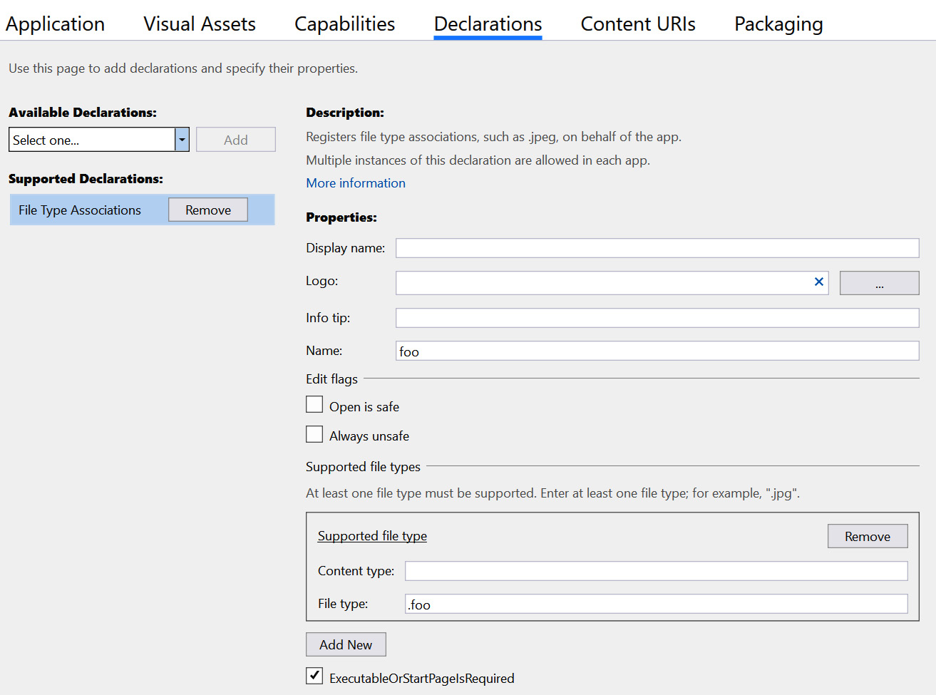 Figure 4.1 – The section of the manifest where you can set up custom activation paths, such as file association