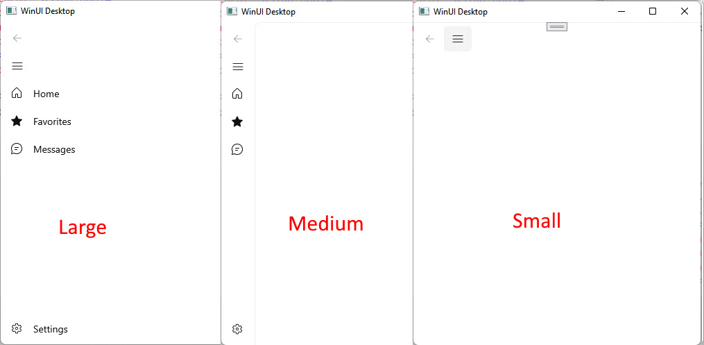 Figure 5.6 – The NavigationView control in three different sizes
