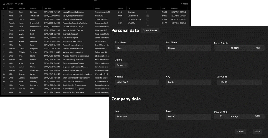 Figure 7.1 – Two views of the sample application: a list of all the records and a form to create a new one
