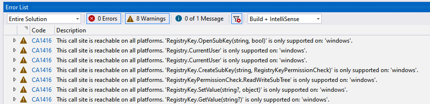 Figure 7.6 – The warnings generated by the .NET analyzer
