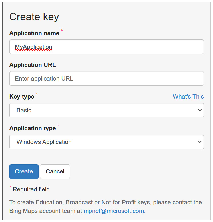 Figure 8.3 – The form to register a new Bing Maps key
