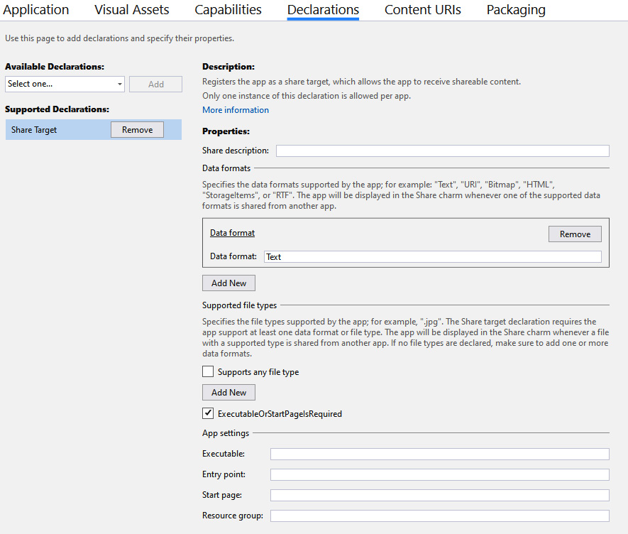 Figure 8.6 – Registering an application in the manifest to act as a share target
