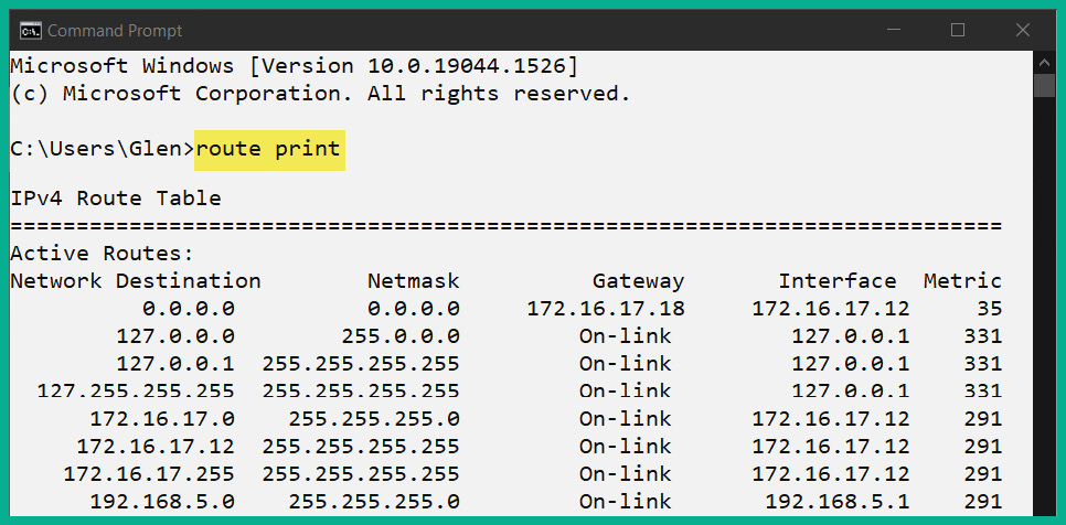 Figure 4.37 – Routing table of a Windows device
