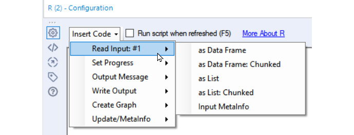 Figure 8.11 – R tool Insert Code menu
