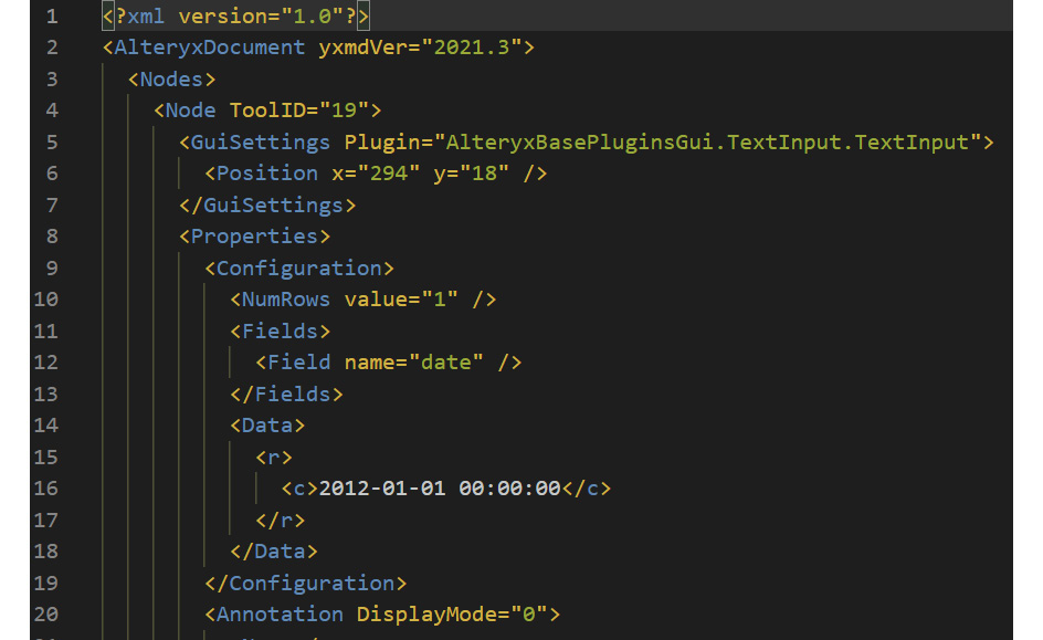 Figure 10.21 – An example of an Alteryx XML file
