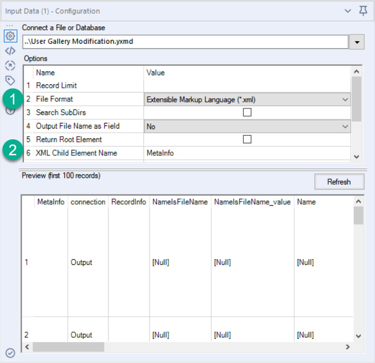 Figure 10.22 – Configuration of the Input tool to read an Alteryx workflow as XML
