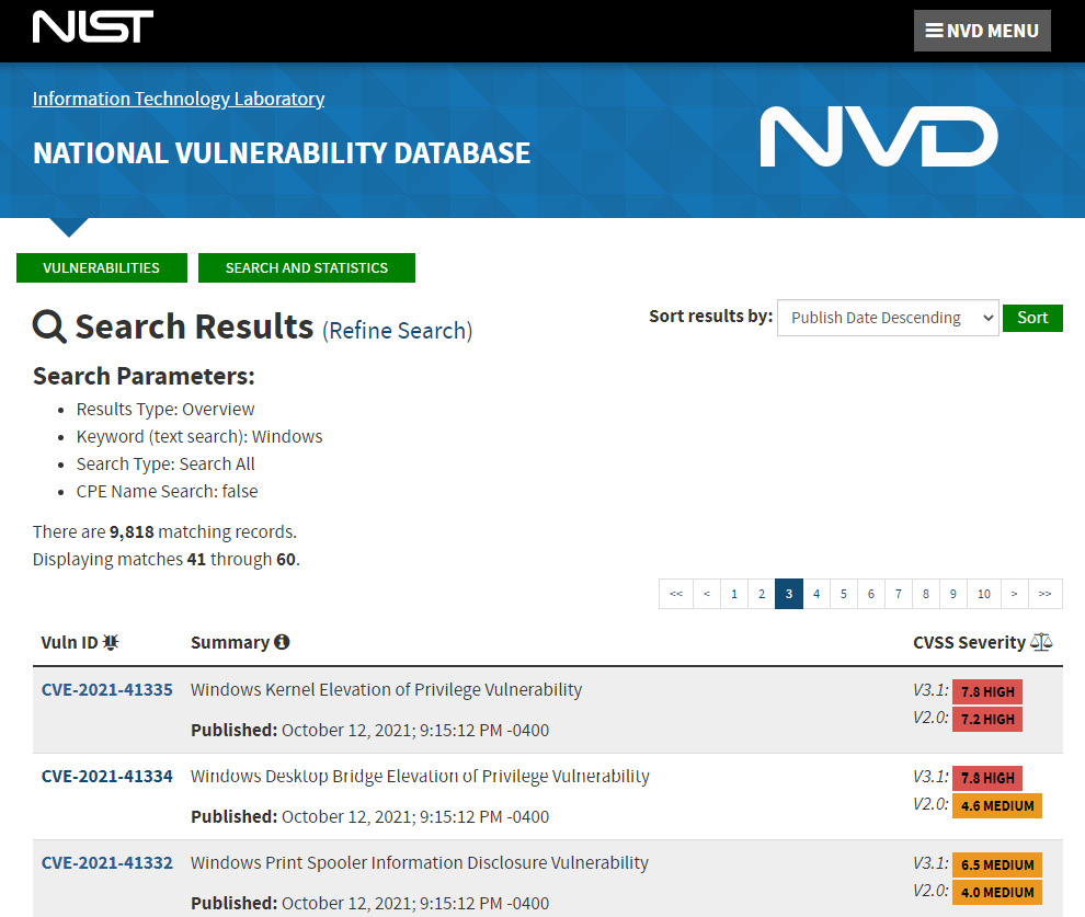 Figure 1.7 – NVD Windows search results 
