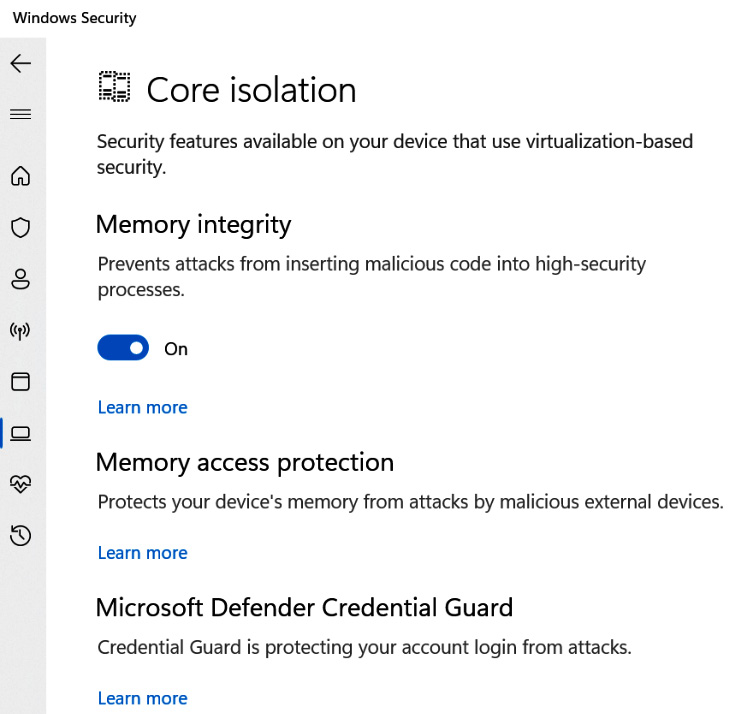 Figure 3.16 – Memory integrity feature enabled in Core isolation in Windows Security

