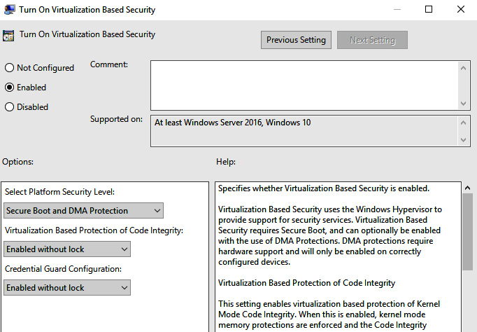 Figure 3.17 – Group Policy for HVCI and VBS features
