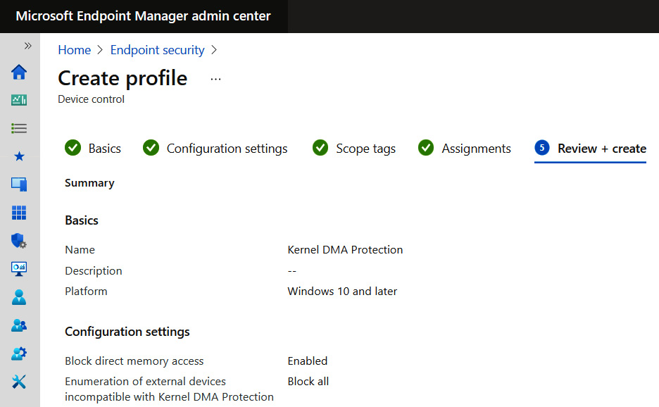 Figure 3.22 – DMA Protection settings in the Device control profile in Endpoint Security
