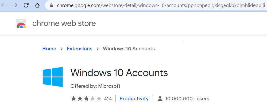 Figure 5.17 – The Windows 10 Accounts extension for Google Chrome
