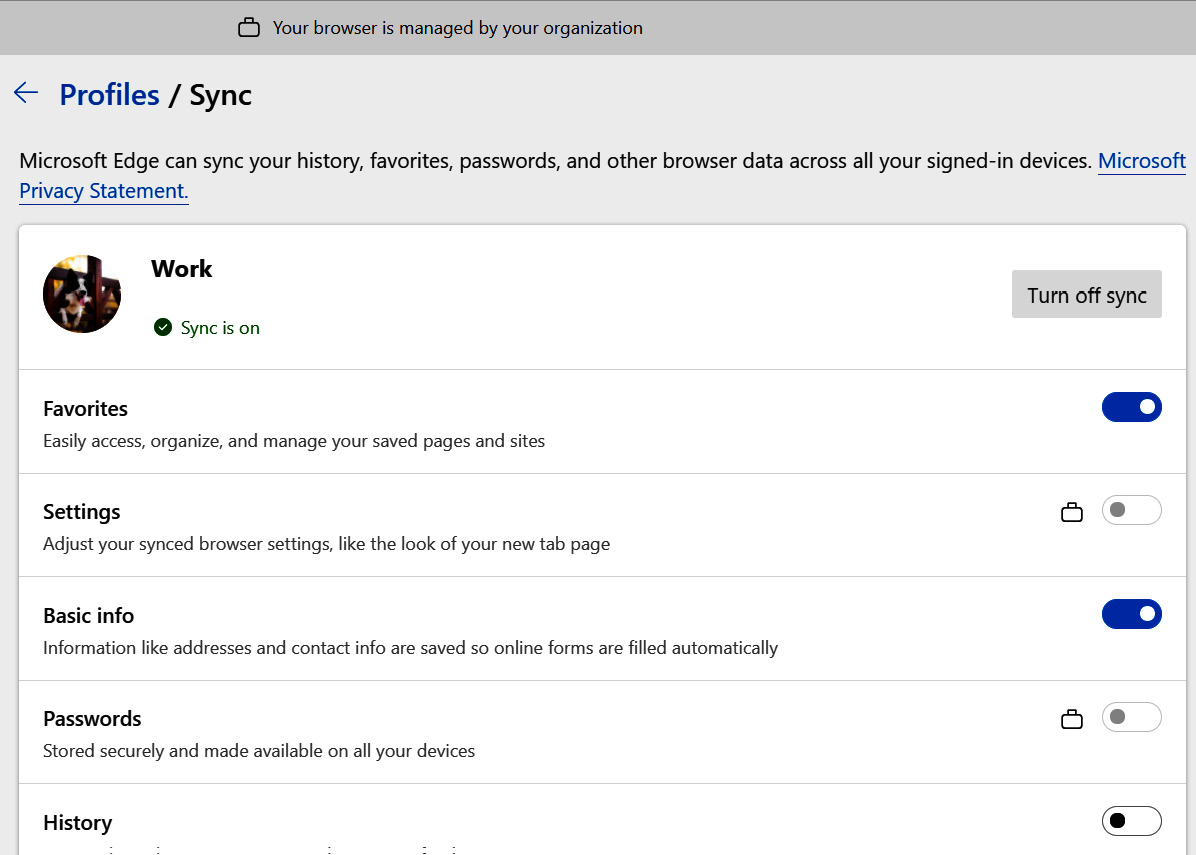 Figure 7.5 – Microsoft Edge sync settings
