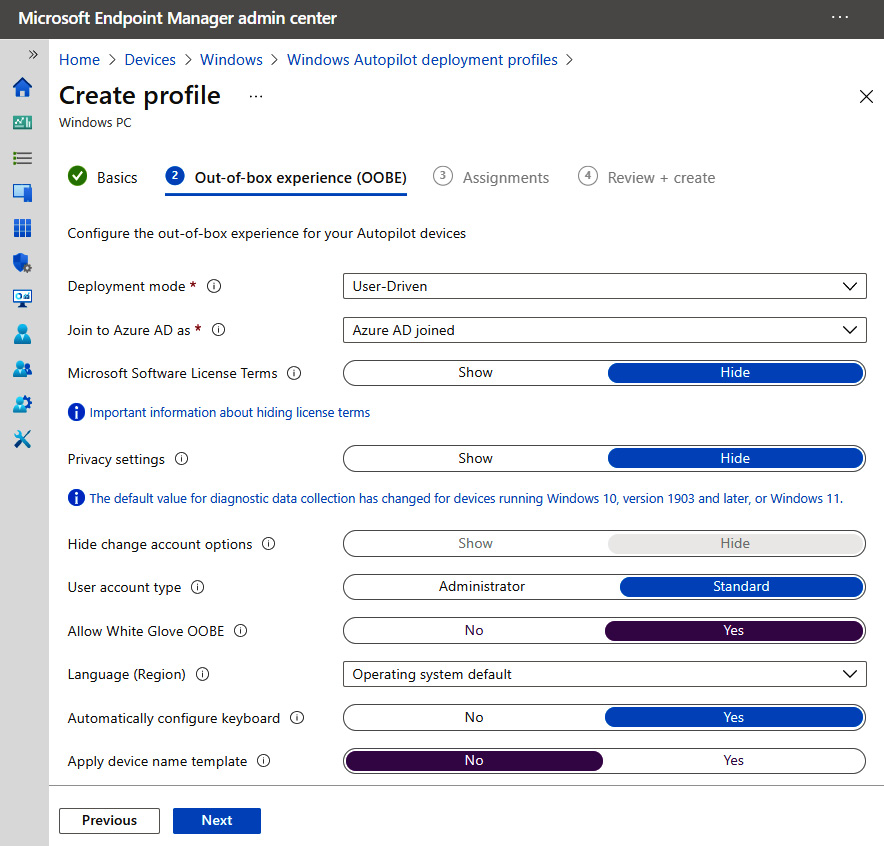 Figure 7.10 – Autopilot deployment profile in Intune
