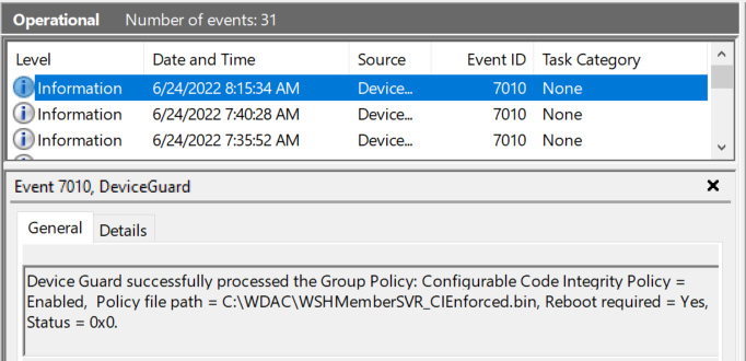 Figure 10.45 – Device Guard – Operational logs in Event Viewer
