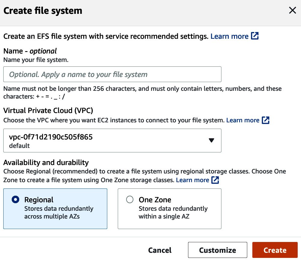 Figure 4.9 – Creating an Amazon EFS file system