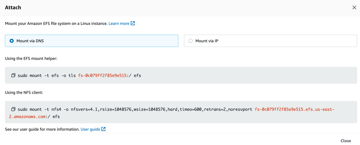 Figure 4.13 – Mounting options and commands for the EFS file system