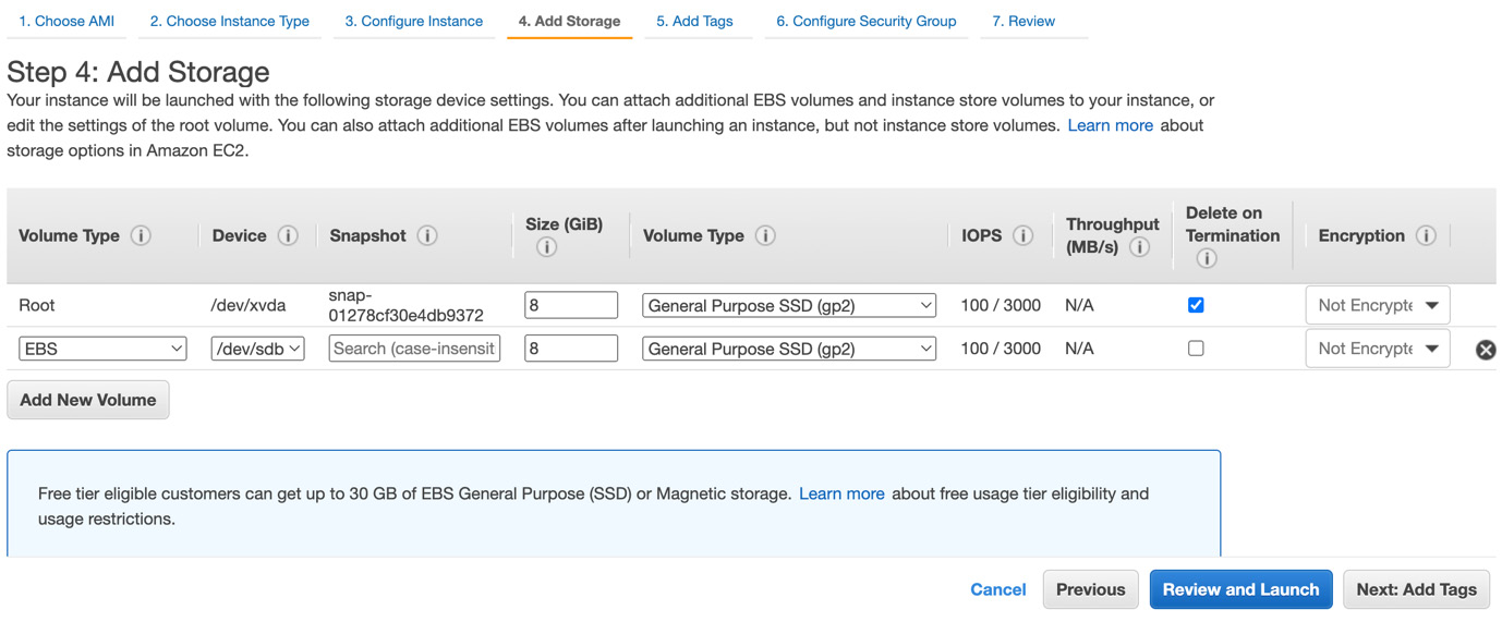 Figure 4.14 – Adding an EBS volume during the EC2 instance creation process