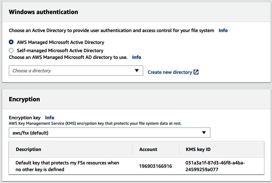 Figure 4.19 – Authentication and encryption options for FSx for Windows File Server